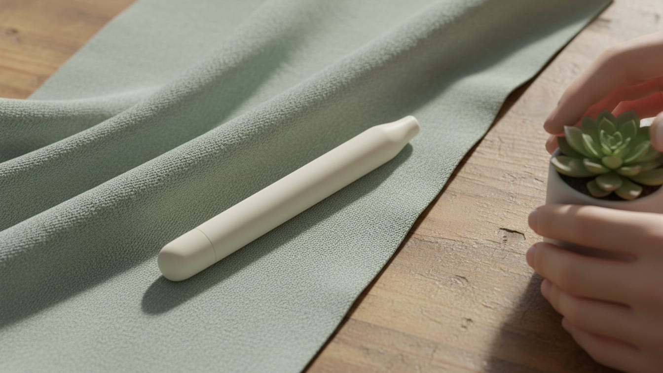 Illustration: An unbranded, cream-colored pen-like device on a sage green cloth on wood.