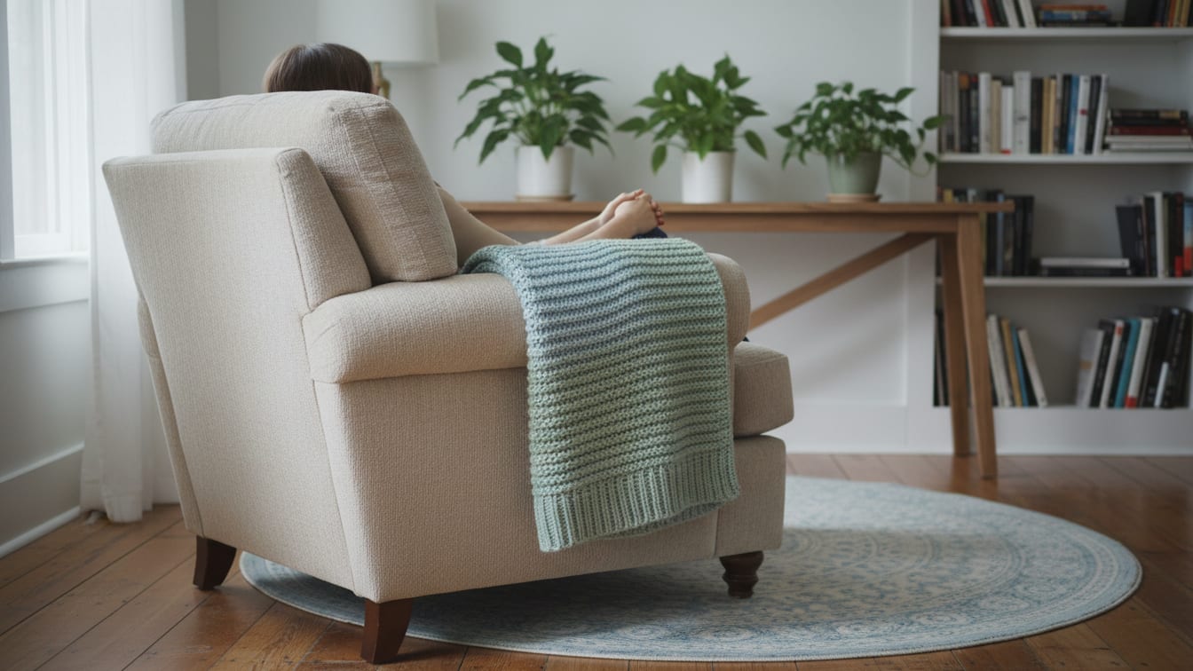 Illustration: A comfortable armchair in a serene living room with soft, natural light.