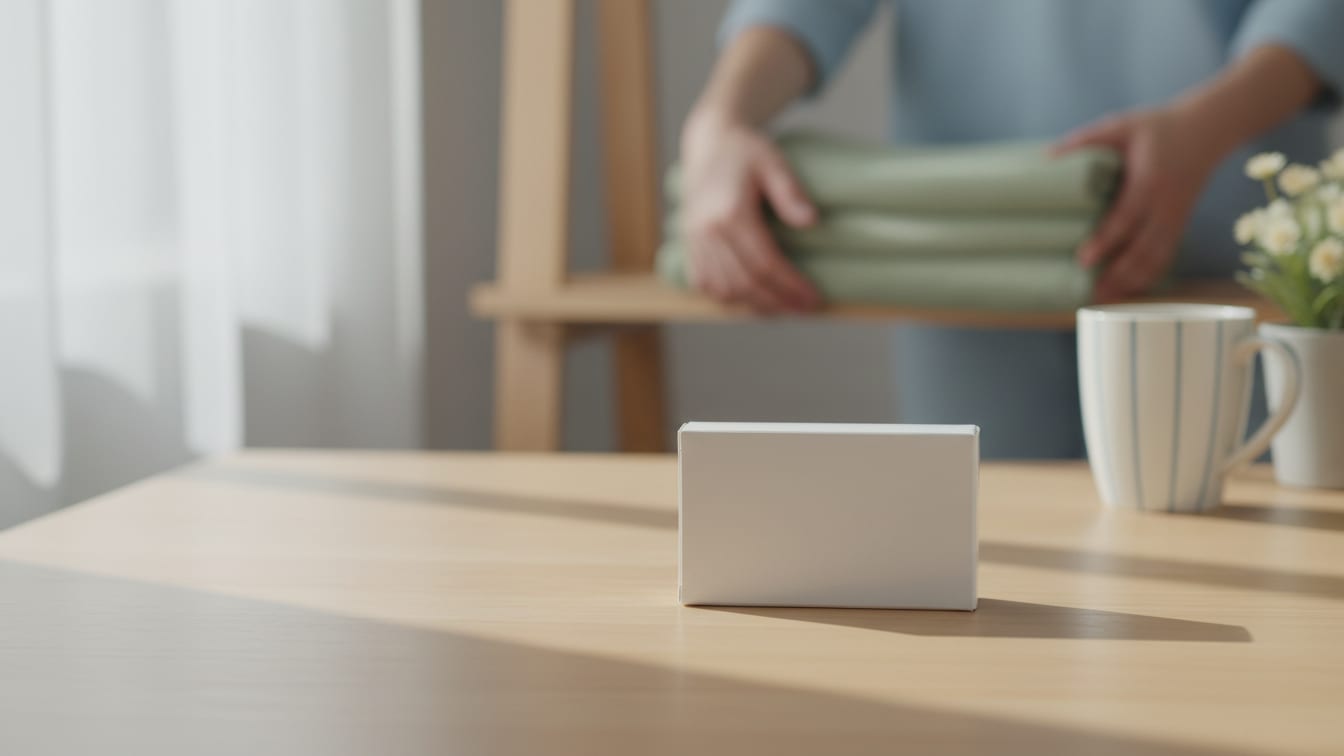 Illustration: A plain white unbranded box on a light wooden surface in soft natural light.