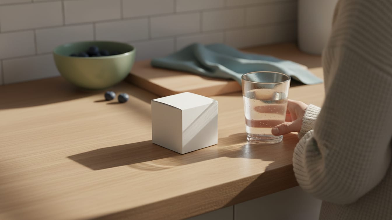 Illustration: A small, plain white cardboard box next to a glass of water on a kitchen counter in soft morning light.