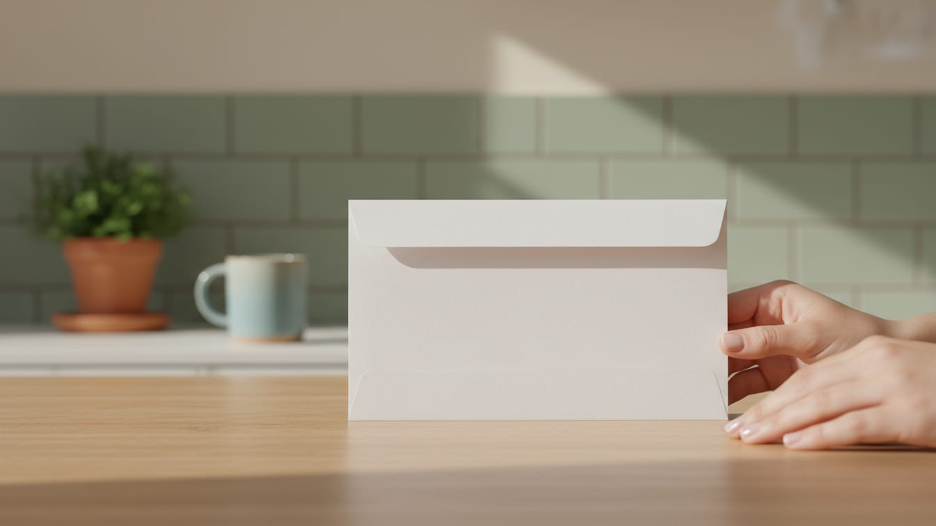 Illustration: A plain white envelope on a light wooden table, illuminated by natural light.