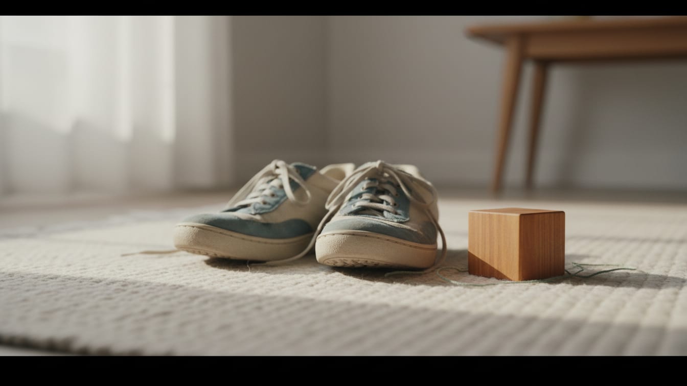 Illustration: Walking shoes and a wooden block on a rug, bathed in soft morning light.
