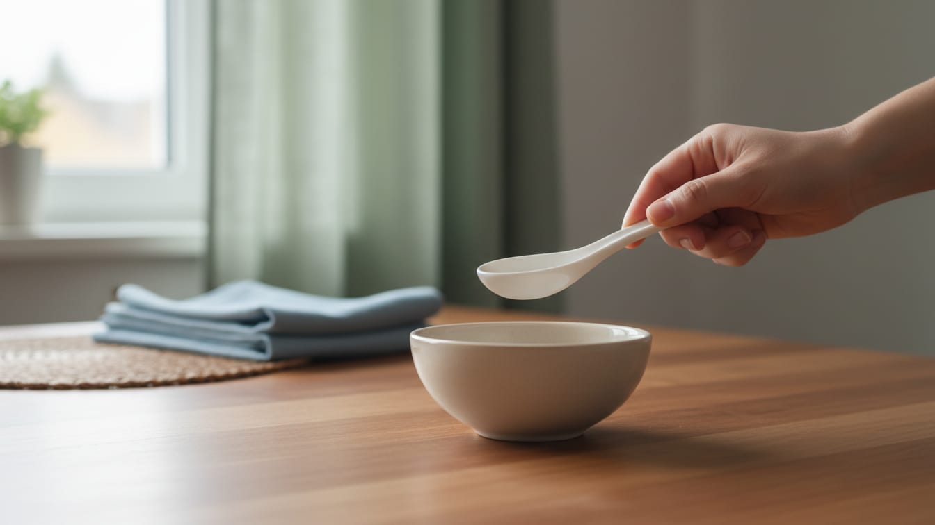 Illustration: A hand holds a blank measuring spoon over a small bowl on a wooden surface.