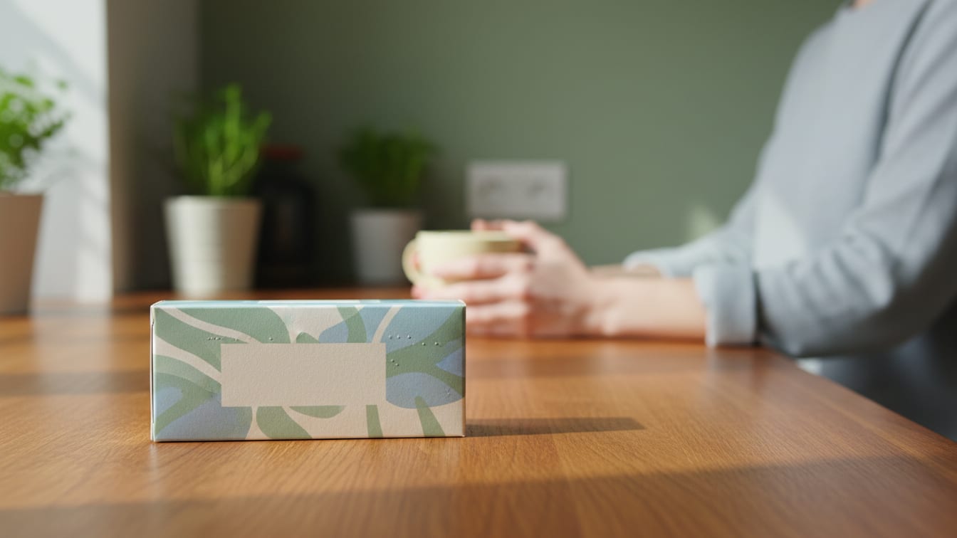 Illustration: A neutral, unbranded medication box on a warm wooden kitchen counter in soft natural light.