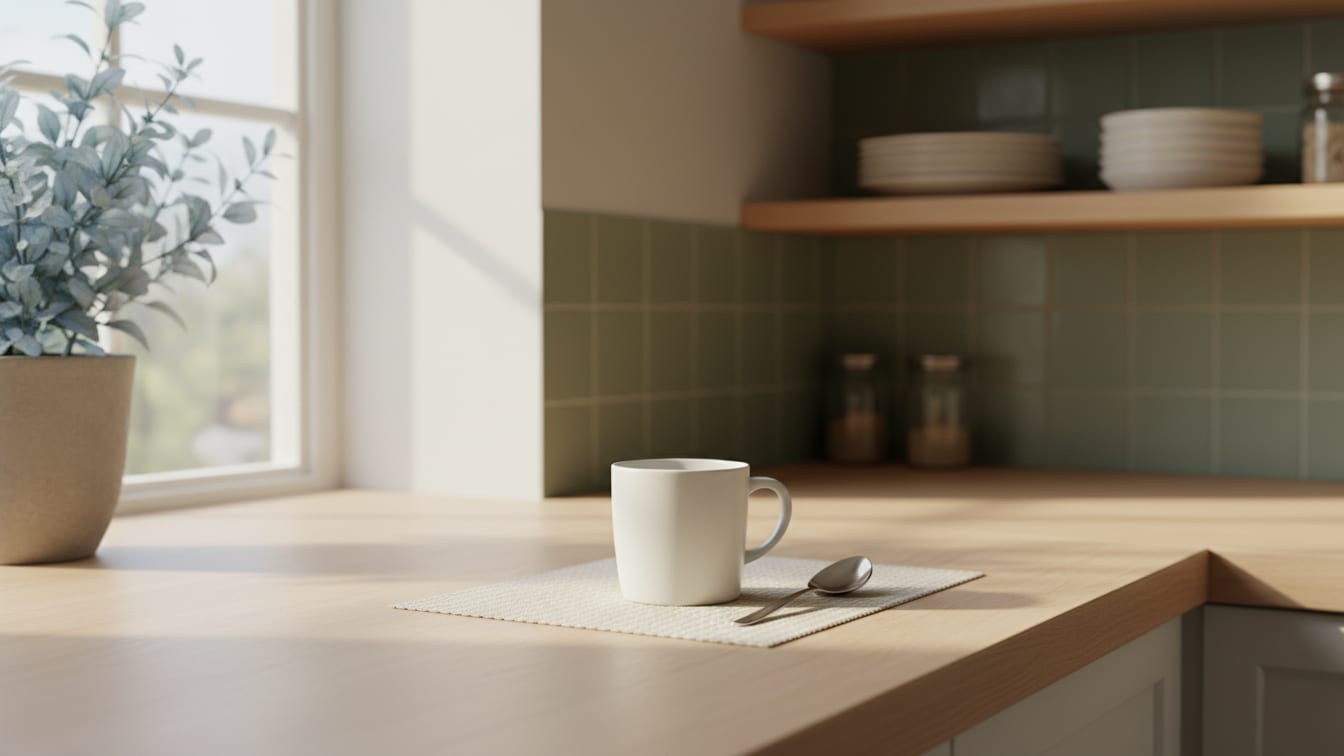 Illustration: A plain white mug and silver spoon on a kitchen counter, bathed in natural light.