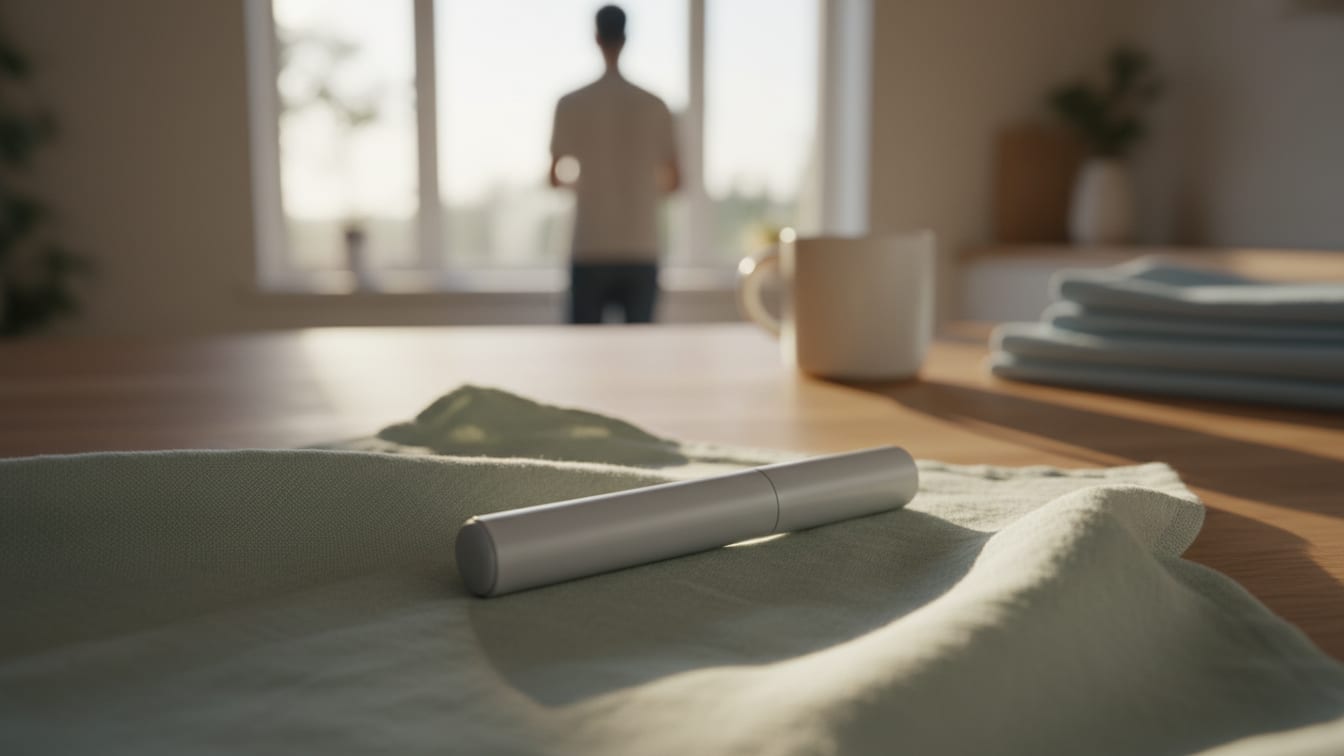 Illustration: An unbranded gray cylindrical pen-like object on sage green linen in natural light.