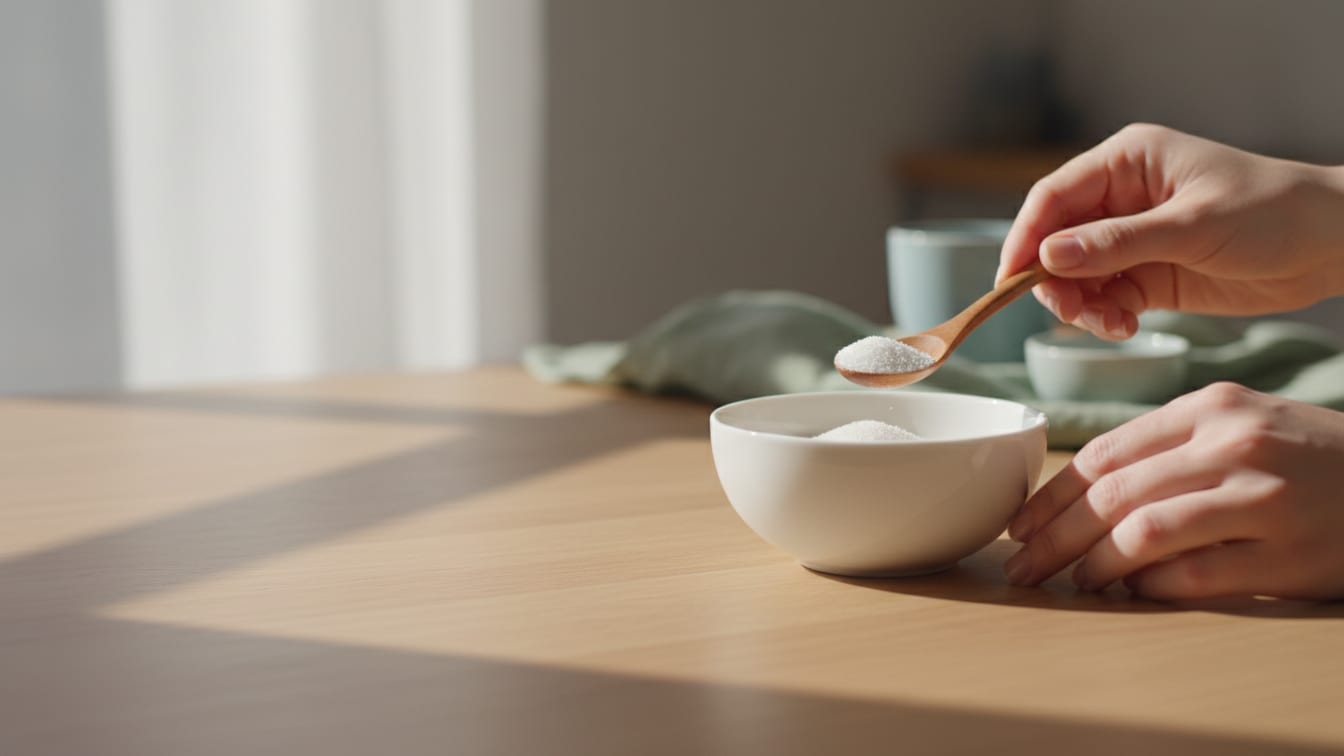 Illustration: A small, unbranded white ceramic bowl with a fine, granular substance on a warm wooden surface.