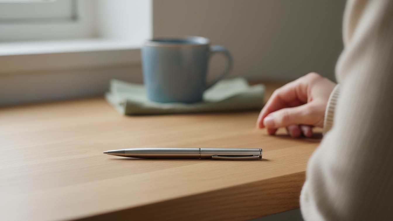 Illustration: A sleek metallic pen rests on a warm wooden surface in soft natural light.