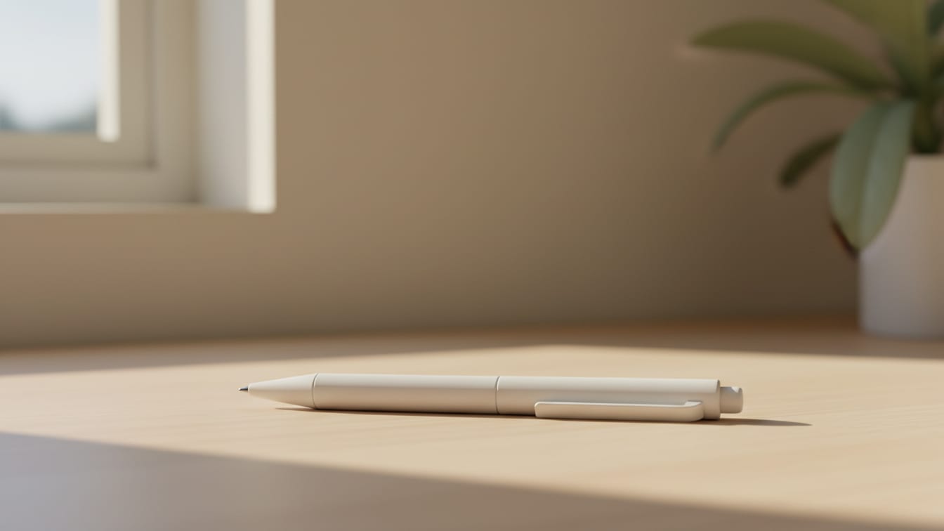 Illustration: A plain white pen rests on a light wooden surface in soft morning light.