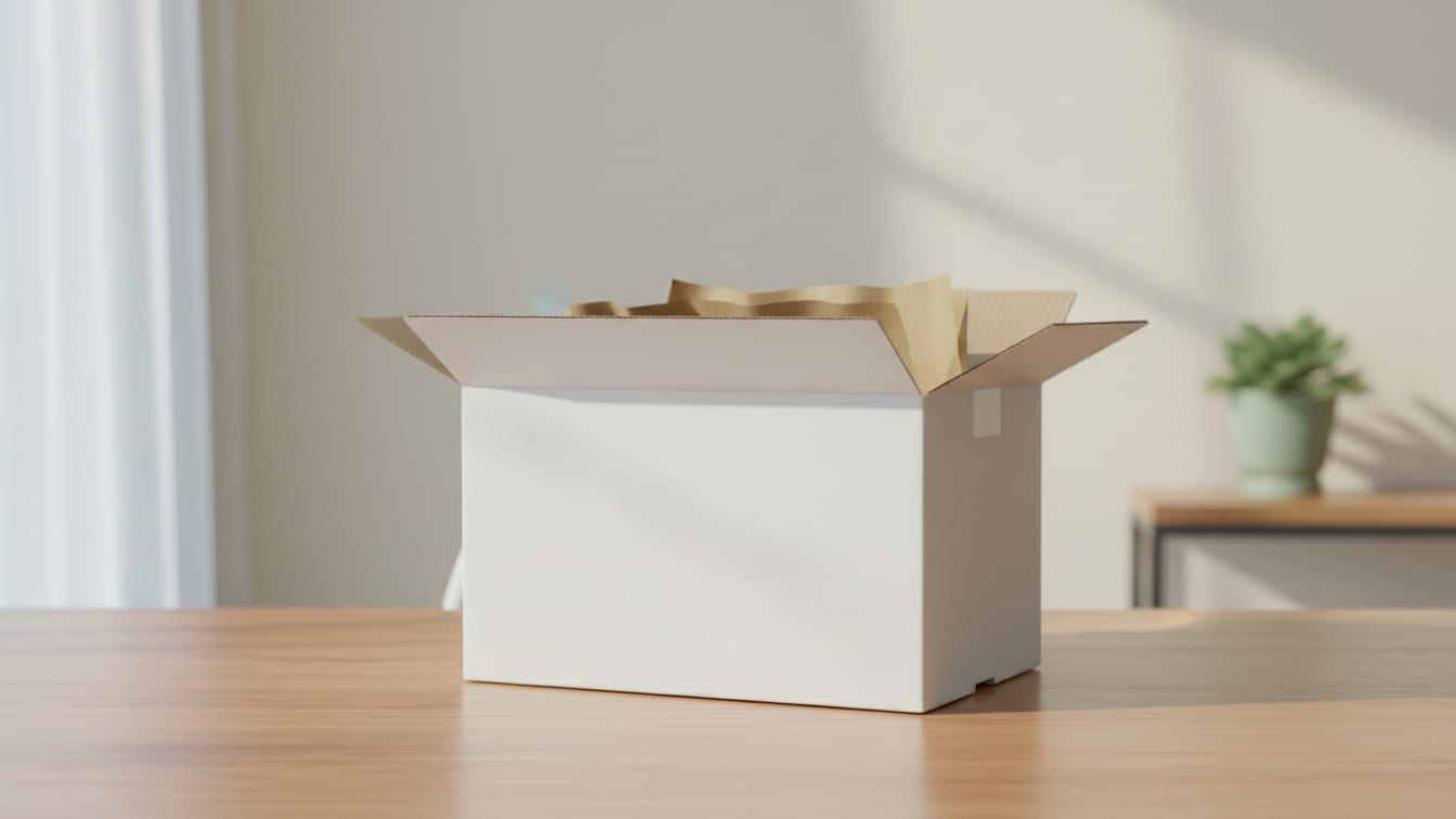 Illustration: A generic white delivery box on a light wooden surface with soft natural light.