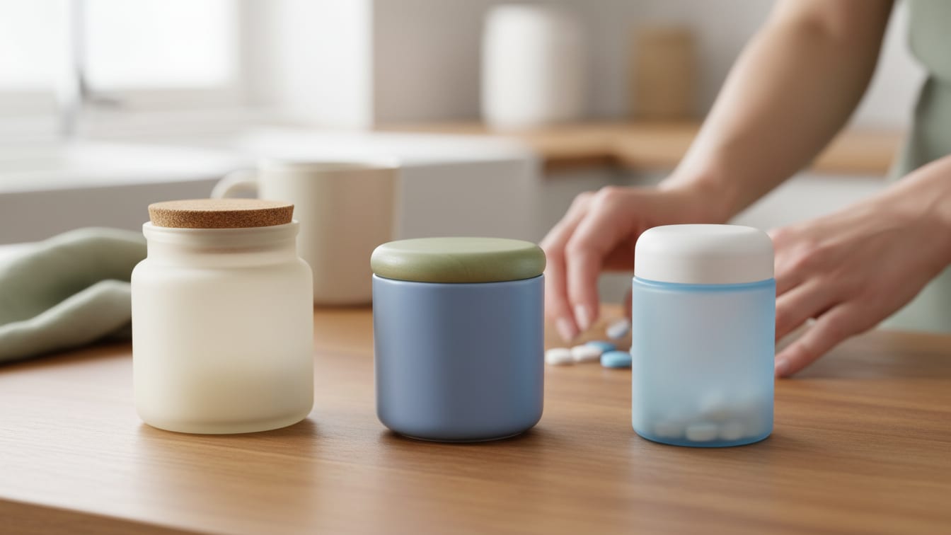 Illustration: Three unbranded pill containers of varying shapes on a warm wooden surface.