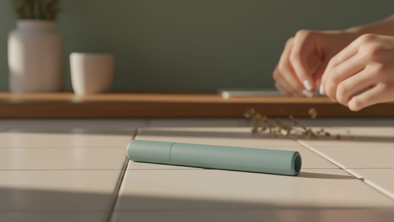 Illustration: An unbranded, pen-like object on a cream tile, illuminated by natural light.