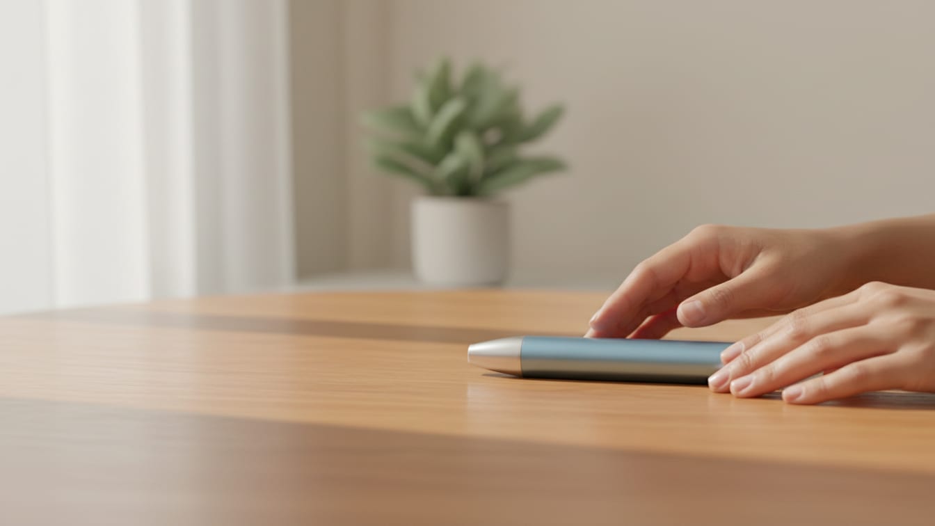 Illustration: A generic, pen-like medical device on a warm wooden surface in soft, natural light.
