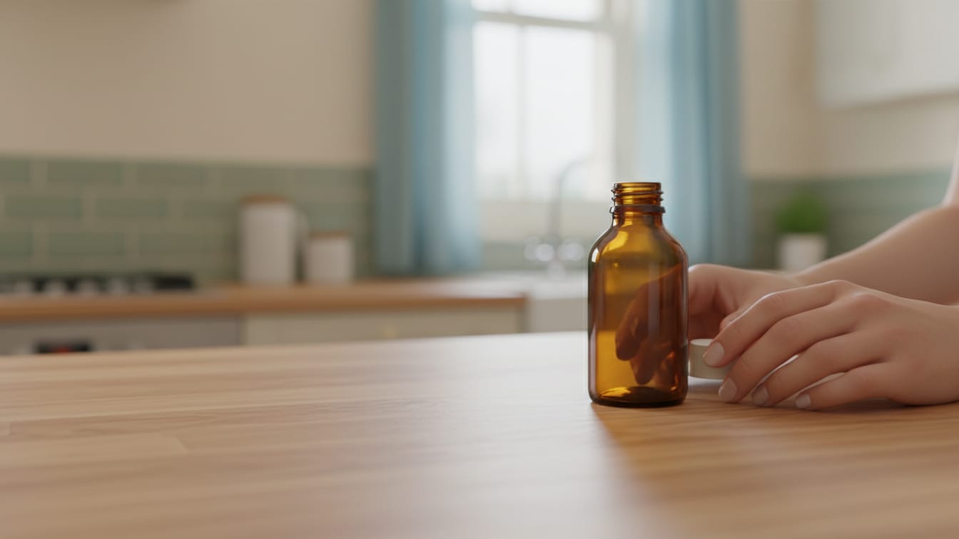 Illustration: An empty, uncapped amber glass medicine bottle on a warm wooden kitchen counter in natural light.