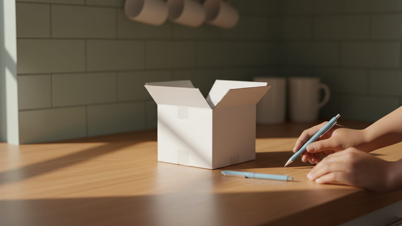 Illustration: A generic white box and a pen on a warm wooden kitchen counter in soft morning light.