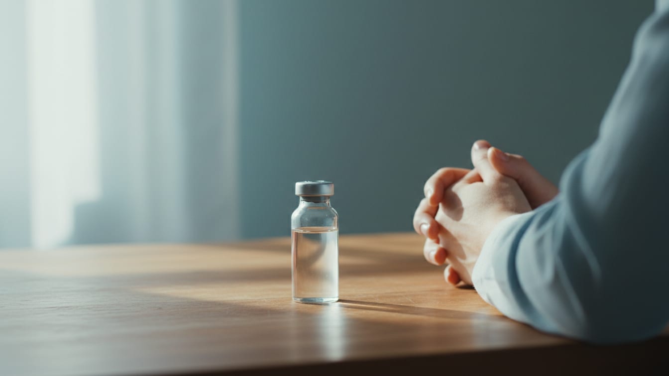 Illustration: An empty, unbranded glass vial on a warm wooden surface in soft natural light.